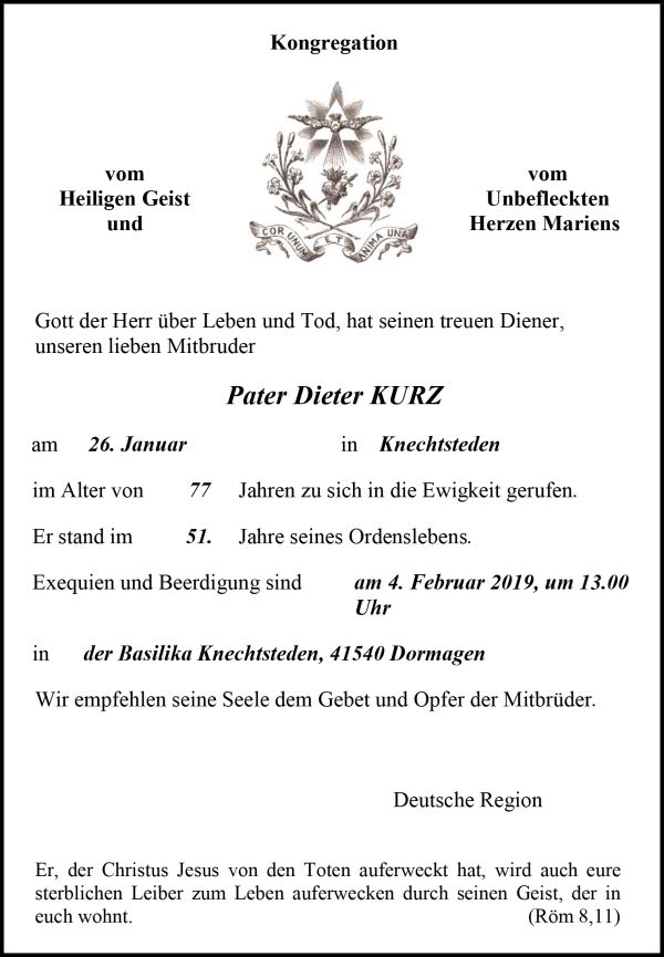 Todesanzeige von Pater Dieter Kurz