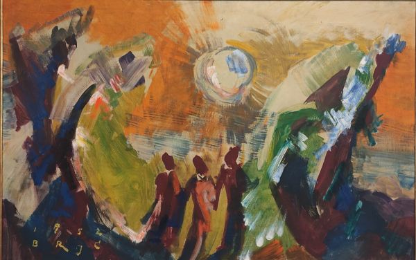 Expressionistische Temperamalerei von Br. Johannes Chrysostomus Stopp aus dem Jahr 1952: Die Erscheinung der Engel bei Abraham. 